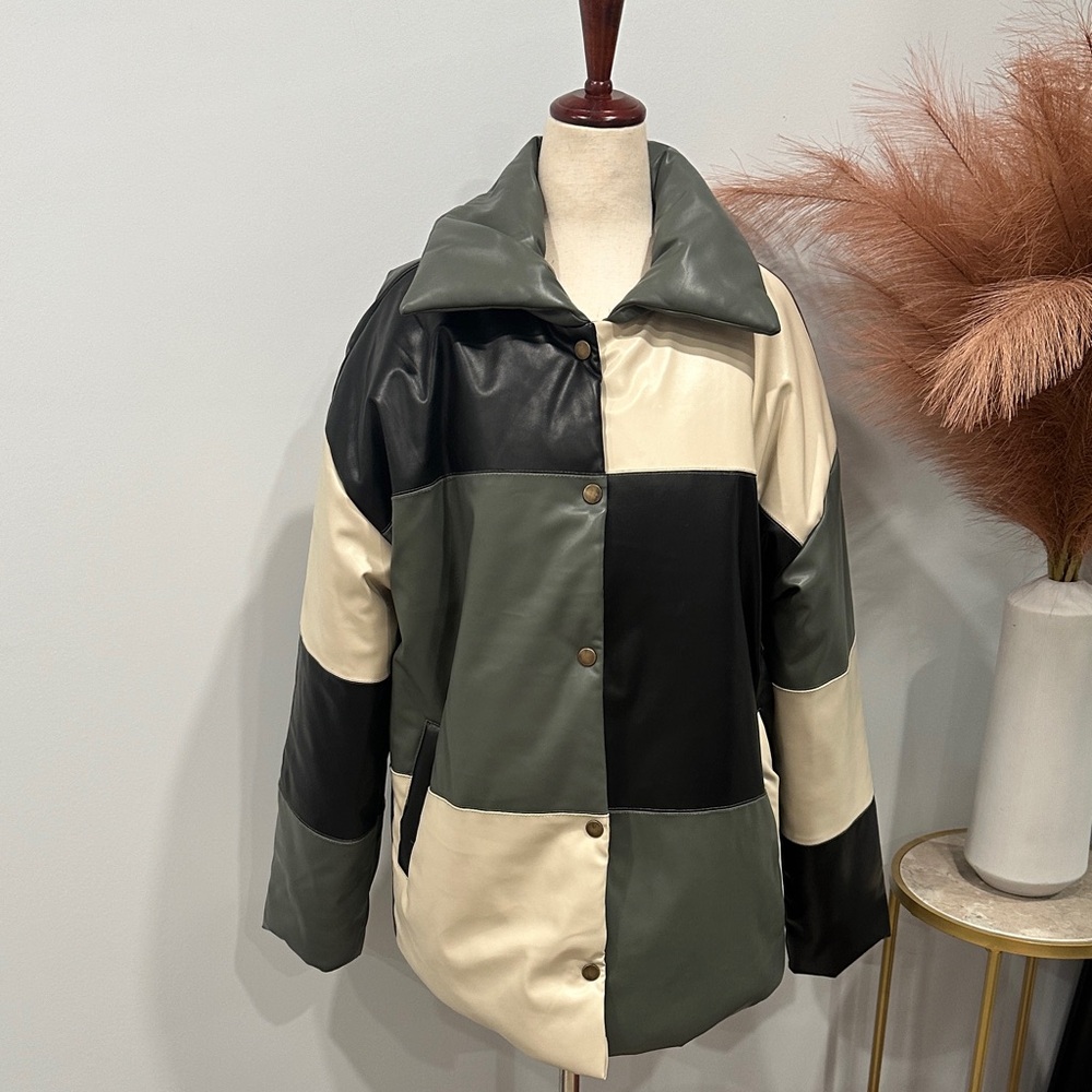 Patchwork Leather Jacket - Black, Cream, And Green - image 1